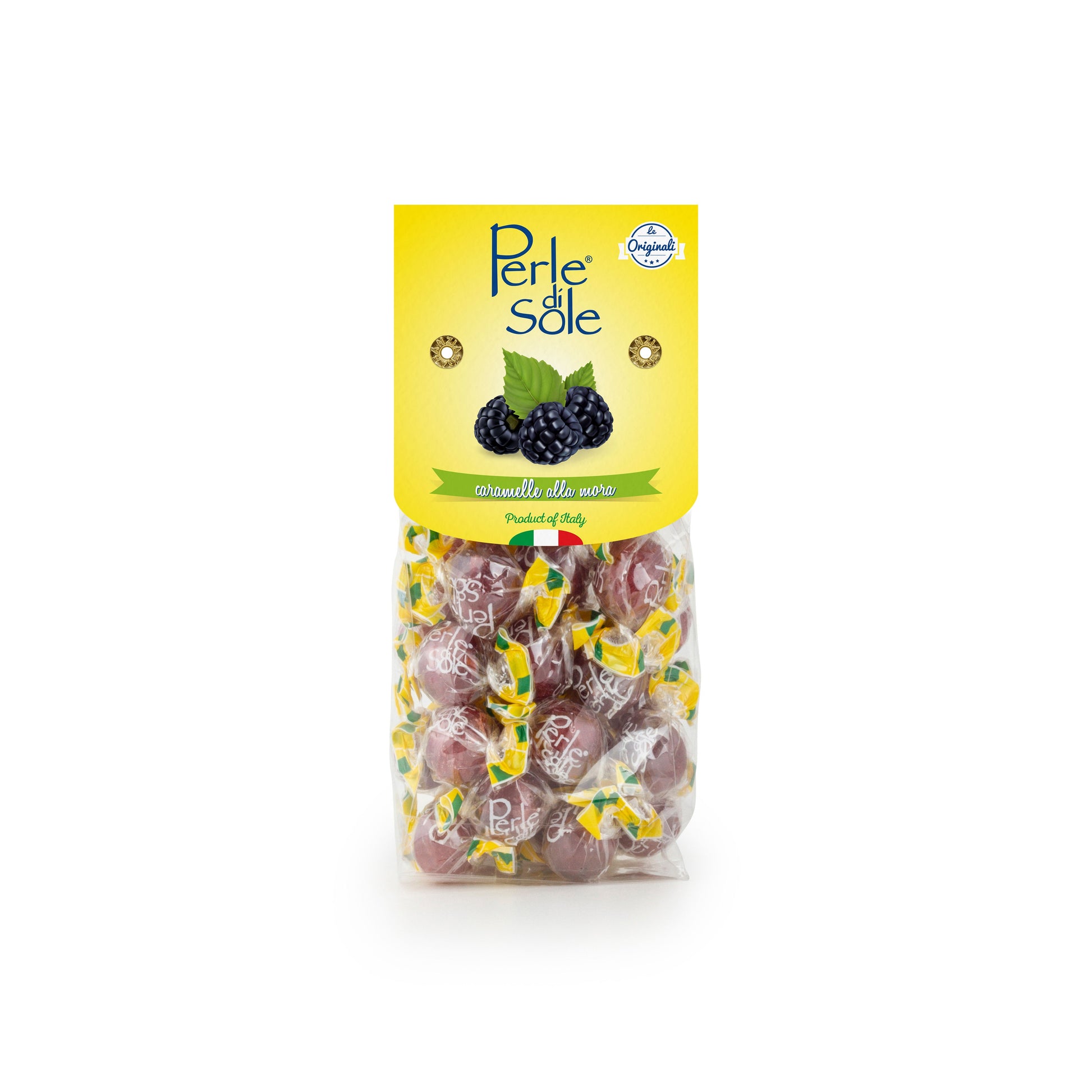 Perle di Sole Hartbonbons mit Brombeergeschmack, 200 g – inspiriert von den Brombeeren an der Amalfiküste, fruchtige italienische Bonbons in transparenter Verpackung mit lila Akzenten.