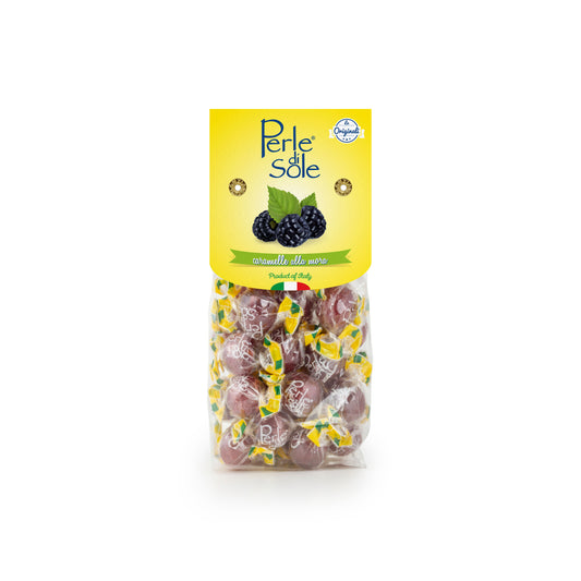 Perle di Sole Hartbonbons mit Brombeergeschmack, 200 g – inspiriert von den Brombeeren an der Amalfiküste, fruchtige italienische Bonbons in transparenter Verpackung mit lila Akzenten.