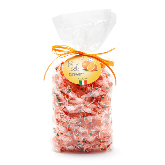Perle di Sole Hartbonbons mit Orangengeschmack, 1000 g – italienische Bonbons in Großpackung, transparente Verpackung mit orangenen Akzenten, fruchtig und sonnig.
