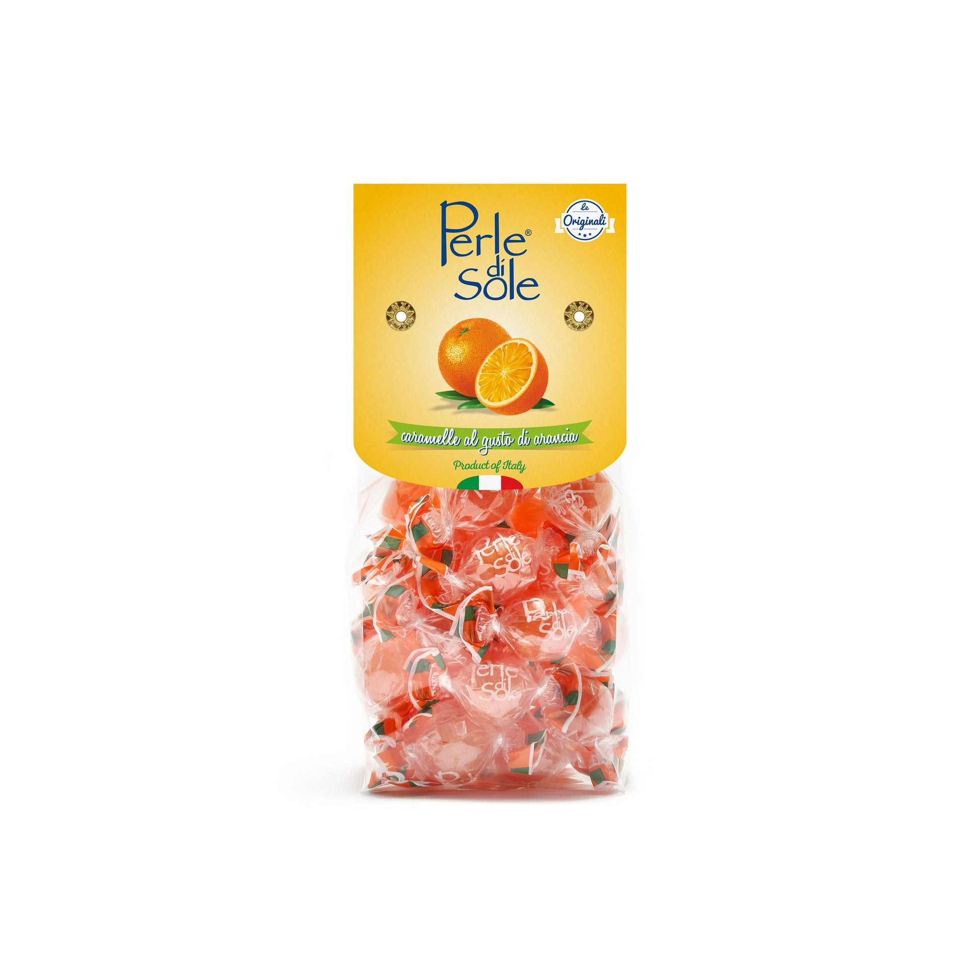 Perle di Sole Hartbonbons mit Orangengeschmack, 200g – mit dem Saft sonnengereifter Orangen gefüllt, italienische Bonbons in transparenter Großpackung mit orangenen Akzenten.