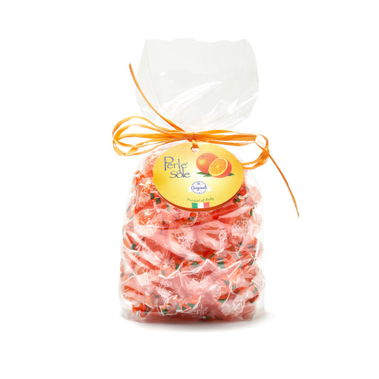 Perle di Sole Hartbonbons mit Orangengeschmack,500 g – mit dem Saft sonnengereifter Orangen gefüllt, italienische Bonbons in transparenter Großpackung mit orangenen Akzenten