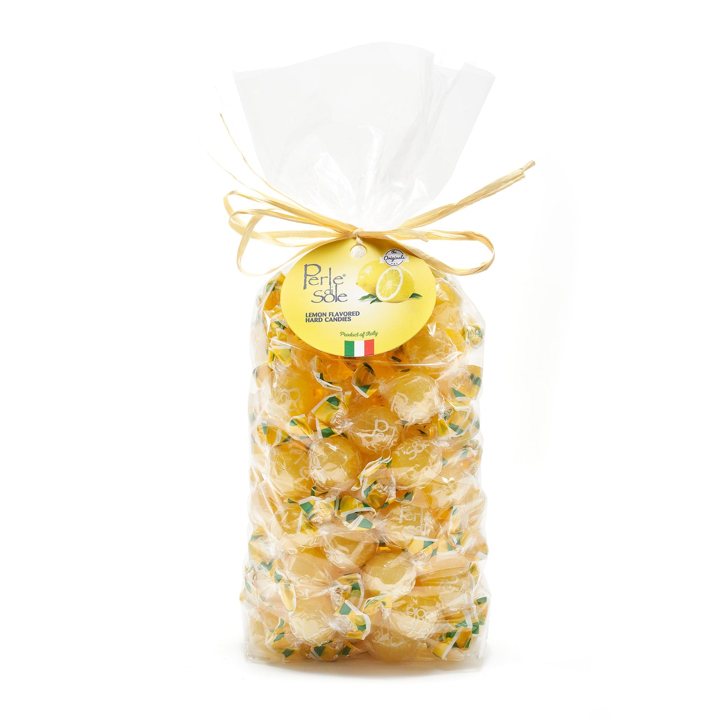 Perle di Sole Zitronenbonbons, 1000 g – erfrischende Bonbons mit Zitronensaft aus der Amalfiküste, natürliche Zitronennote in transparenter Verpackung mit gelben Akzenten.